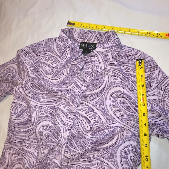 Style & Co Petite: Purple Paisley 3/4 Sleeve, Deep-Cut Button-Down Top, Size 8P - Picture 14 of 16